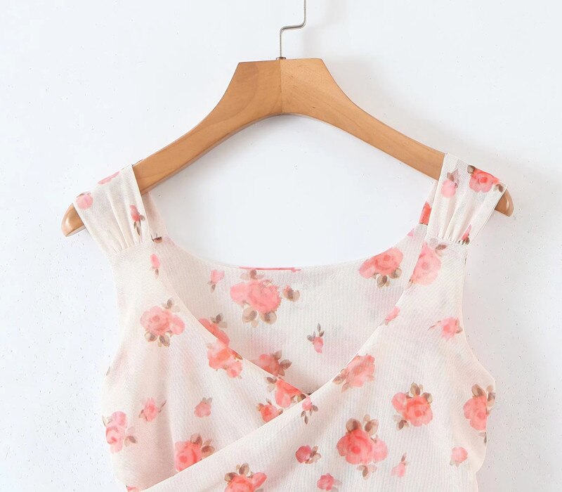 Summer Ins Blogger High Street Gauze Tank Tops Sexy Short Shirt Floral Casual Blouse Women