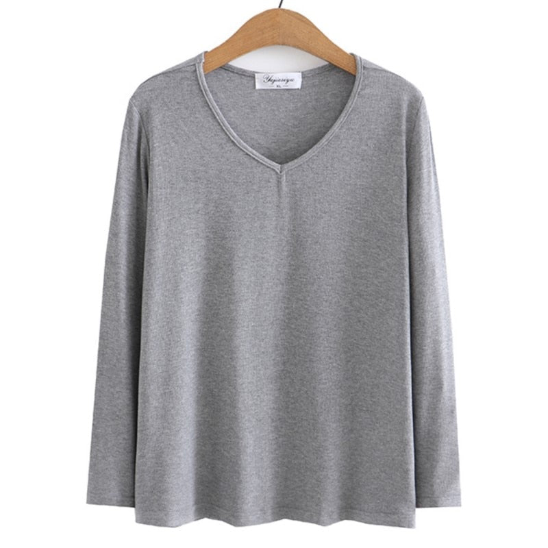 Long Sleeve T-shirt Women Clothing Solid Color V-Neck Bottoming Tops Autumn Loose Casual Basics Tees