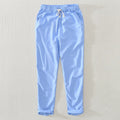 Summer Men Solid Simple Casual Thin Natural Cotton Linen Pants Elastic Waist Drawstring White Beach Trousers