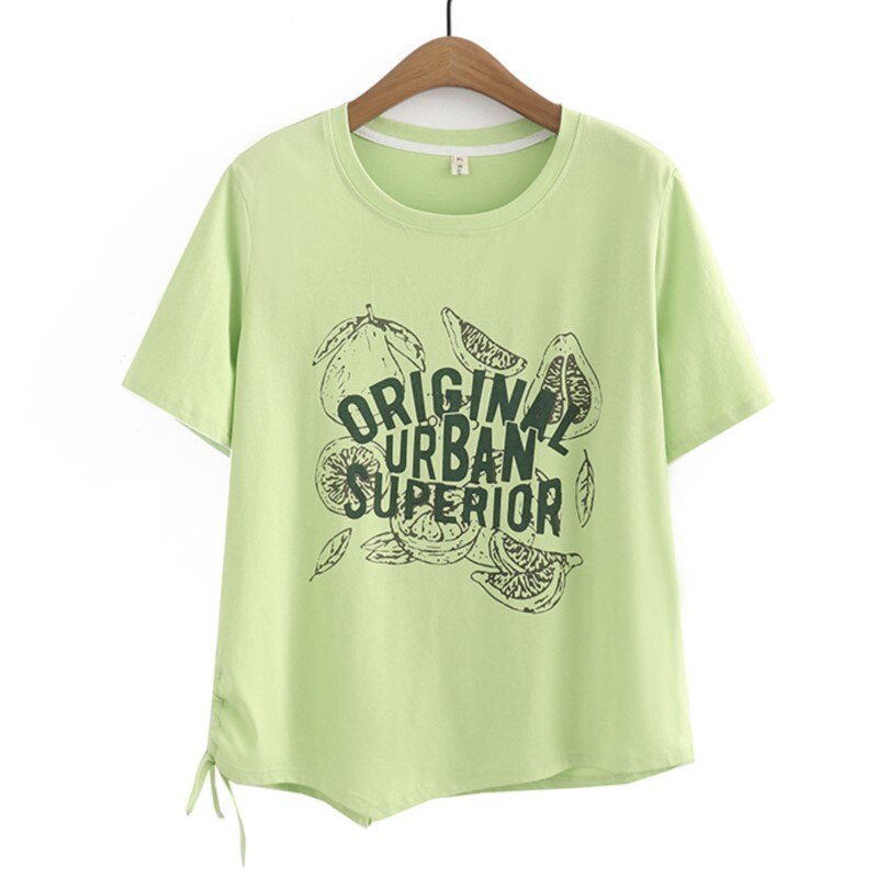 Women T-Shirt Summer Short Sleeve Cotton Drawstring Letter Tops Loose Tees Oversized Curve Clothes