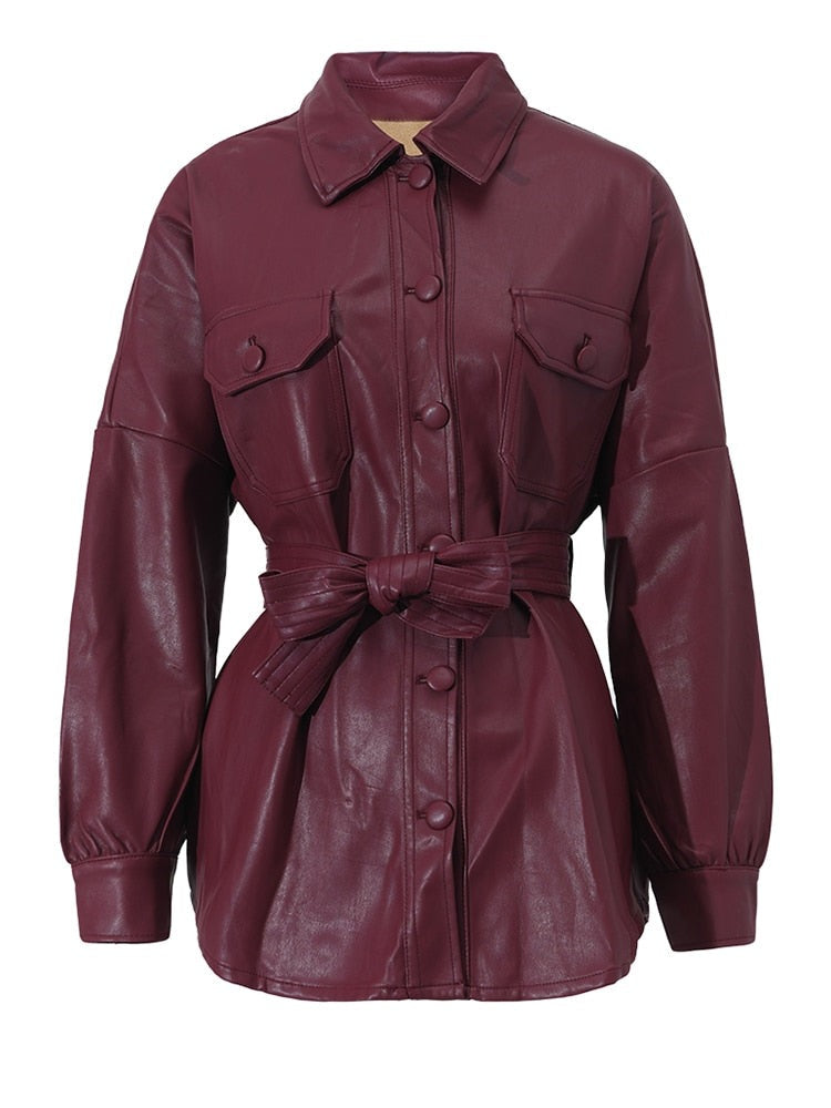 Leather Belted Jacket New Lapel Long Sleeve Women Coat Spring Autumn