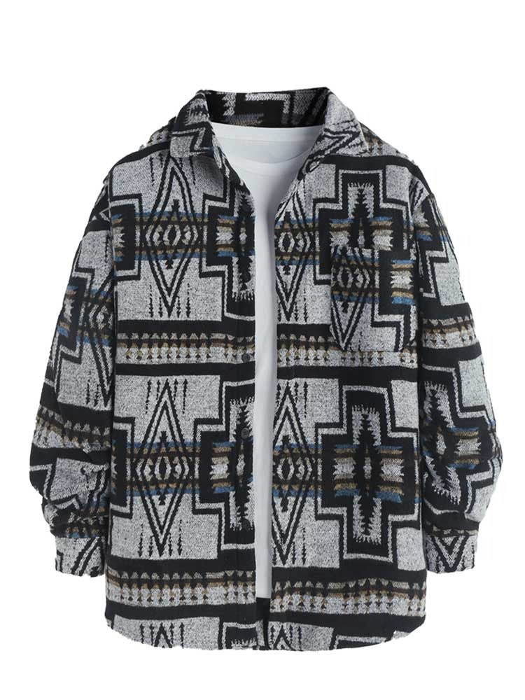 Mens Jackets Wool Blend Aztec Print Coats Vintage Jacket Shirt with Pocket Streetwear Shacket Fall Winter Warm