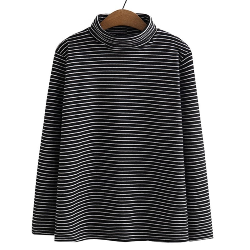 Women Clothing Autumn Winter Striped Long Sleeve Warm Thick Velvet Turtleneck