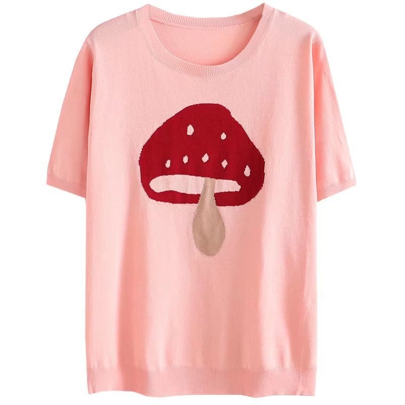 Women Clothing Dobby Ice Silk Tops Casual Mushroom Knitting Tees