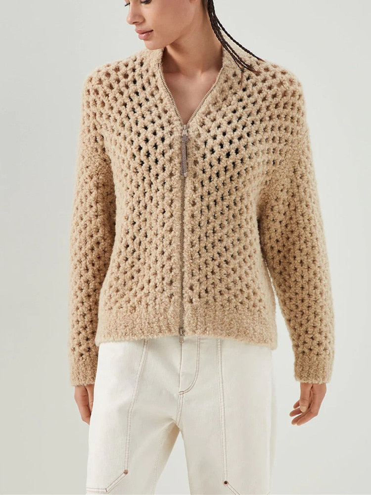 Women Argyle Holllow Out Crochet Knit Sweater Zipper Stand Collar Wool Blend Cardigan Fall Female Long Sleeve Sweater Coat