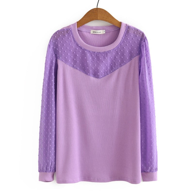 Autumn Tops For Women Cotton T-Shirt Casual Mesh Splice O-Neck Long Sleeve Curve Tees