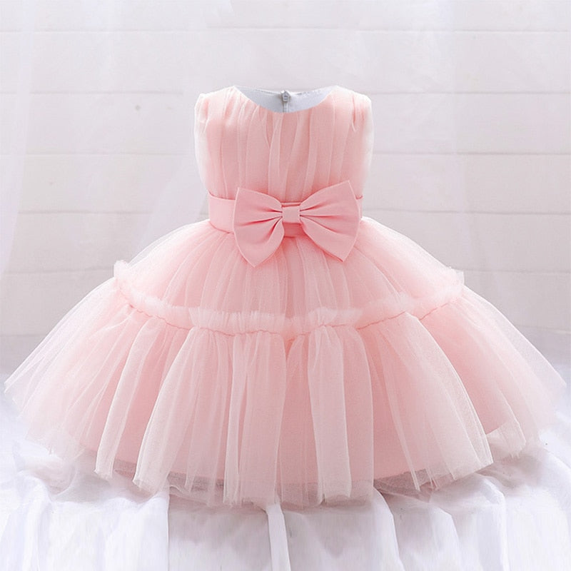 Wedding Party Baptism Prom Kids Clothes Pink White Toddler Lace Bow Dress Baby Girls Christening