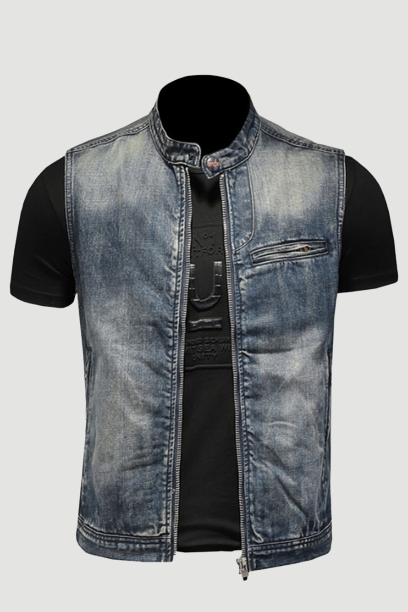 Spring Retro Jean Jacket Men Denim Vest Coats Blue Slim Stand Collar zipper Sleeveless Motorcycle Waistcoat Cowboy Brand