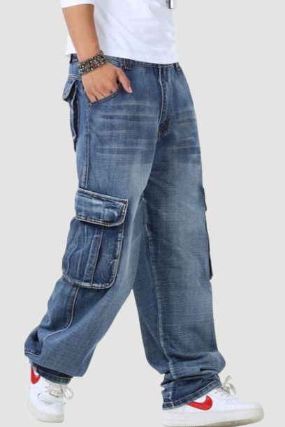 Jeans Men Denim Pants Big Pocket Straight Baggy Casual Streetwear Blue Wide Leg Trousers