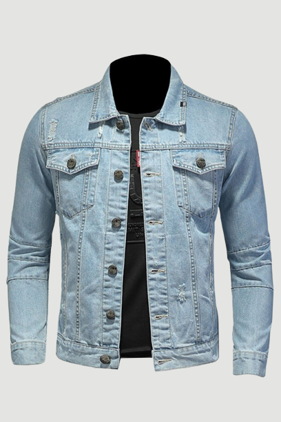 Denim Jacket Men Jeans Coats Lapel Long Sleeve Single-Breasted Slim Motorcycle Bomber Light Blue Casual Outwear Clothing