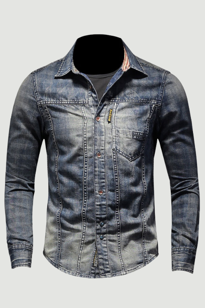 Retro Jeans Shirt Men Denim Shirts Slim Long Sleeve Stand Collar Plaid Printing Motorcycle Streetwear Leisure Thin Coat