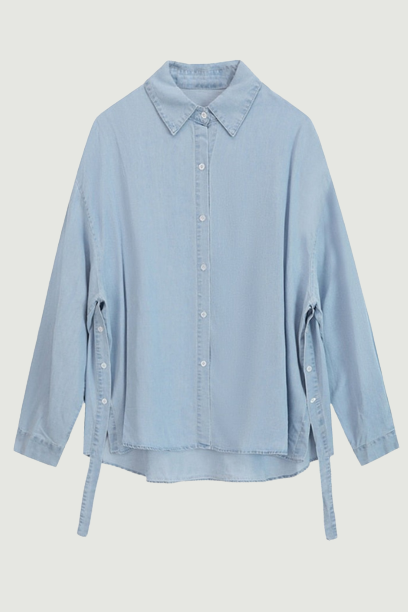 Women Light Blue Denim Ribbon Blouse New Lapel Long Sleeve Loose Fit Shirt Spring Autumn