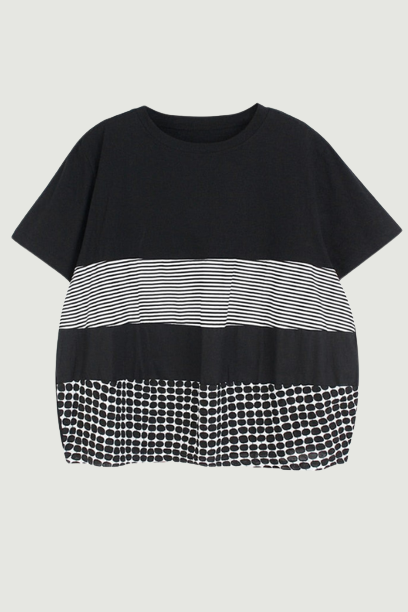 Women Black Dot Striped Big Size Casual T-shirt New Round Neck Short Sleeve Tide Spring Summer