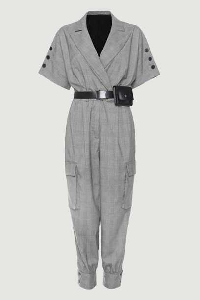 Loose Fit Women Pockets Plaid Belted Jumpsuit New High Waist Pocket Pants Tide Spring Autumn