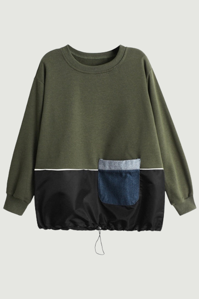 Women Army Green Pocket Casual T-shirt Round Neck Long Sleeve Tide Spring Autumn