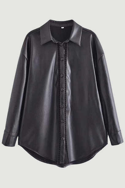 England Lace Splicing Black Leather Shirt Casual Blouse Women