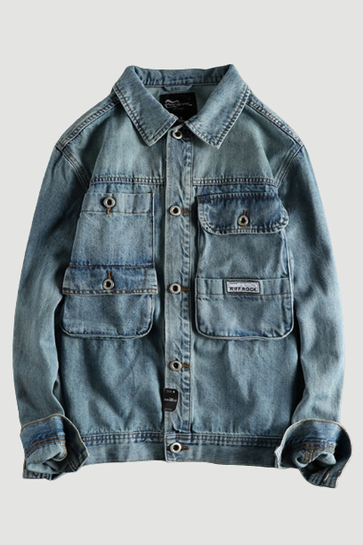 Denim jacket mens spring and autumn work clothes three-dimensional pocket youth cardigan coat