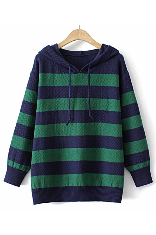 Sweater Women Winter Clothing Slim Fit High Stretch Striped Jumper Hooded Long Sleeve Pullover