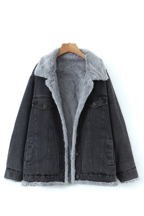 Women Winter Plush Washed Denim Thick Coat Classic Retro Fur Lining Jacket