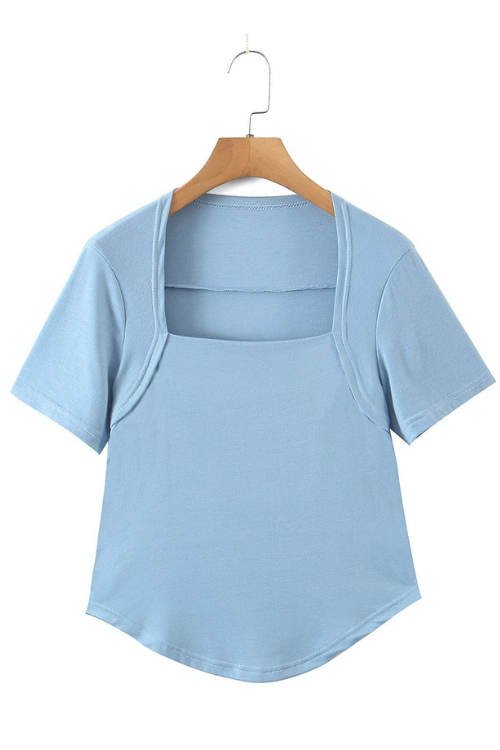 Women Elegant Show Collarbone Square Collar Tops French Slim Short Sleeve Tee Summer