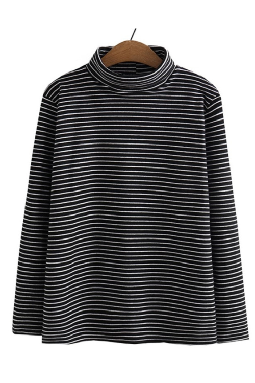 Women Clothing Autumn Winter Striped Long Sleeve Warm Thick Velvet Turtleneck