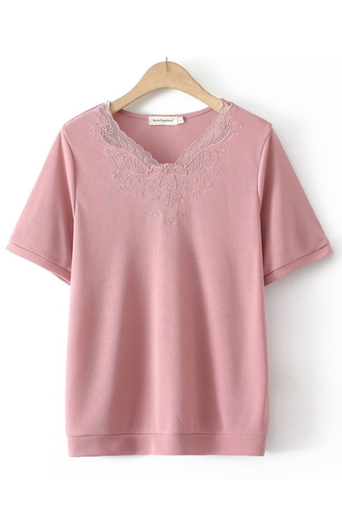 Women Clothing Fashion Lace Collar Ice Silk Knitting Embroidery Tops Casual Curve Tees Summer