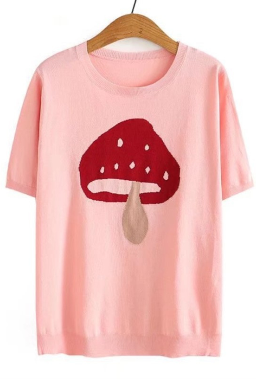 Women Clothing Dobby Ice Silk Tops Casual Mushroom Knitting Tees