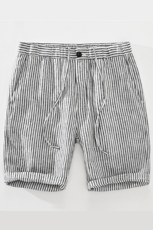 Striped Shorts for Men Pure Linen Casual Elastic Waist Button Up Short Pants Summer