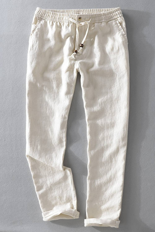 Pure Linen Men Casual Pants Solid White Straight Breathable Comfortable Full Length Trousers Male Autumn