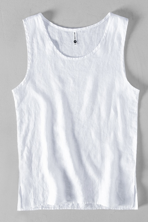 Pure Linen Sleeveless White Tank Top Men Summer Solid Breathable Vest Tees Casual Man Vests