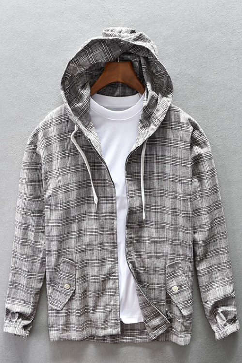 Men with Nood Jackets Long Sleeve Gray Plaid Jacket Autumn Cotton Hooded Shirt Outerwear Coats