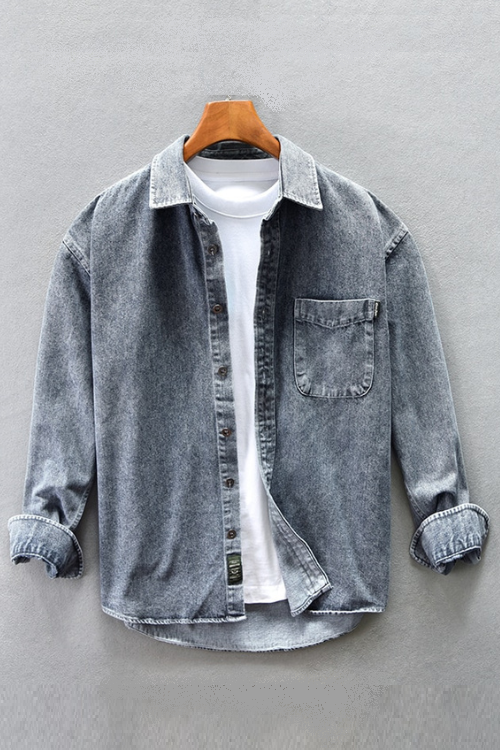 Denim Shirt for Men Autumn Winter New Cotton Outerwear Man Casual Pockets Decoration Solid Jackets Coats