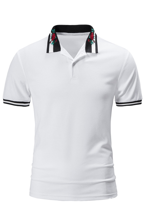 Summer Short Sleeve Basic Lapel Polo Shirt Men Rose Embroidered T-Shirt Top