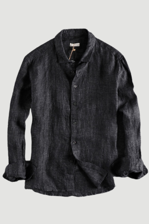 Men Linen Shirt Retro Distressed Long Sleeve Solid Dark Grey Gentlemen Loose