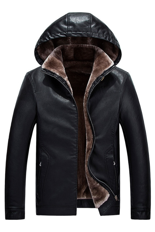 Winter Men Leather Removable Hooded Jackets Warm Fleece Thicken Windproof Slim Zipper Fly Male Biker Coats