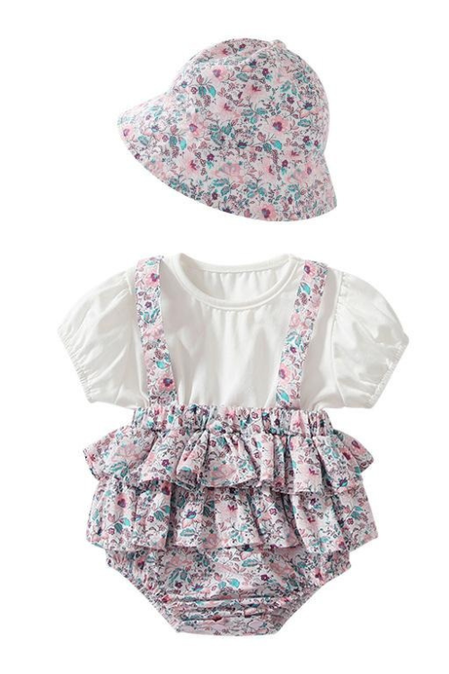 Spring Summer Newborn Babies Jumpsuits Hat Little Baby Girls Short Sleeves Floral Rompers Toddlers