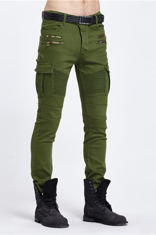 Biker Jeans Punk Style Cargo Pocket Jeans Skinny Men Famous Brand Mens Designer Clothes Zipper Denim Pants Green Black