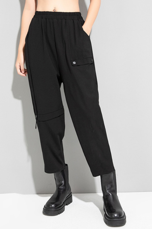 High Elastic Waist ‘black Button Long Harem ’Trousers New Loose Fit Pants Women Tide Spring Autumn