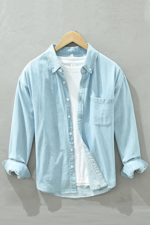 Men Blue Denim Shirt Long Sleeve Soft Cotton Pockets Loose Slight Elastic Jean Tops Male Cowboy Button Shirt