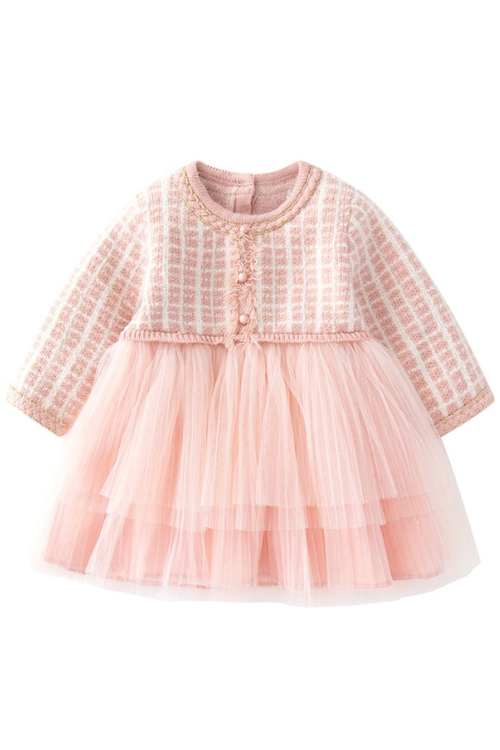 Autumn and Winter Kids Clothing Baby Girl Dress England Style Infant Long Sleeves Pink Knitting Mesh Dress Children Clothes