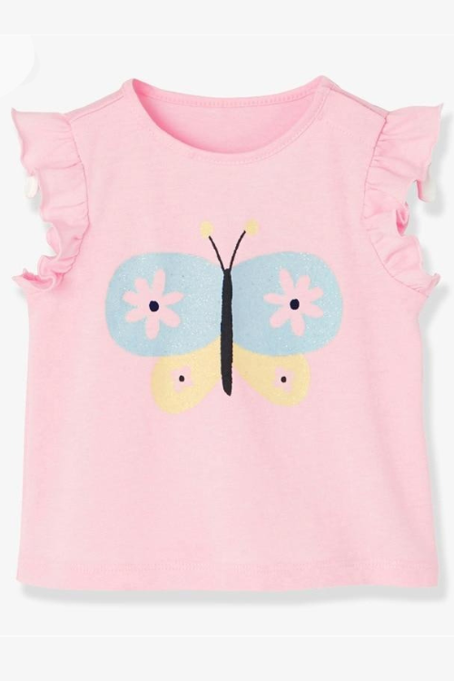 Children Summer Baby Girl Clothes Butterfly Tee Tops Cotton Pink T Shirt for Kids 2-7 Years