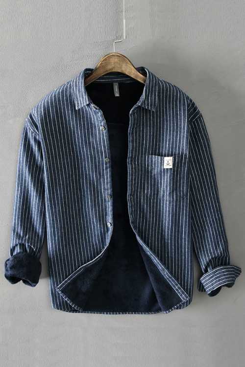 Men Winter Fleece Lined Warm Thick Classical Striped Shirts Male Long Sleeve Lapel Brushed Casual Retro Tops Clothing