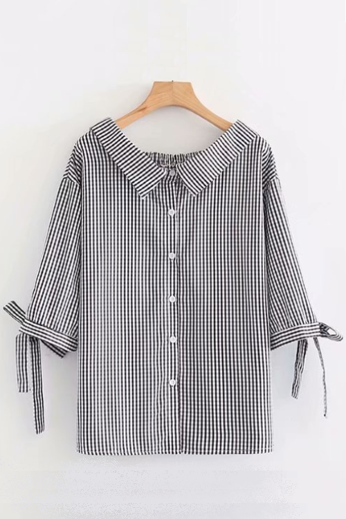 Women's Black Red Blouse 3/4 Sleeve Striped OL Tops Oversized Ladies' Elegant