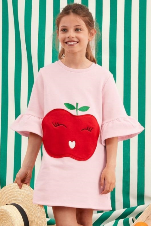 Vêtements d'automne et de printemps pour bébés filles, robes roses décontractées en coton avec des appliques de fruits pour enfants de 2 à 7 ans