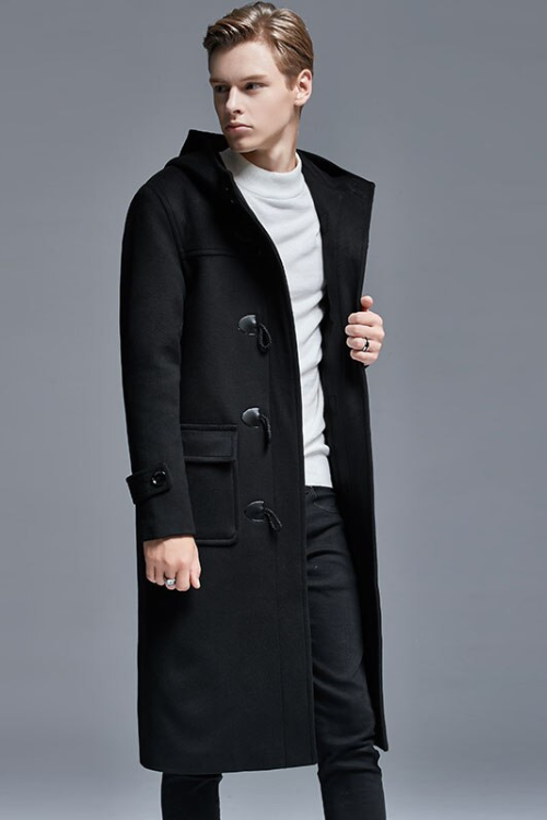 Winter Men Horn Button Woolen Coat Long Over-the-Knee Loose-Woolen Jacket Hooded Trench Thick Mens Coats and Jackets