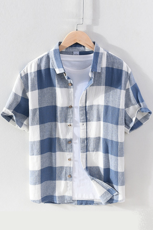 Big Plaid Short Sleeve Shirt for Men Cotton Linen Casual Turn-down Collar Tops Summer New Male Button Up Hemp Shirt