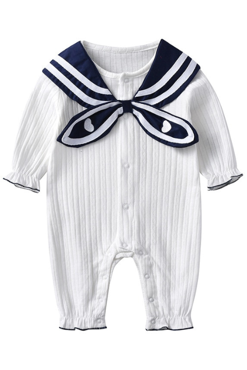 Spring and Autumn Children Clothing Baby Clothes Baby Girl One-Pieces Navy Style White Kids Romper Outing Infant Jumpsuit