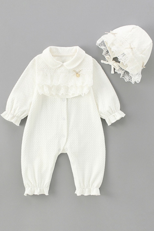 Newborn Baby Girls Rompers Jumpsuit England Style Peter Pan Collar Lace Cute Baby Clothes Outfit 0-24M