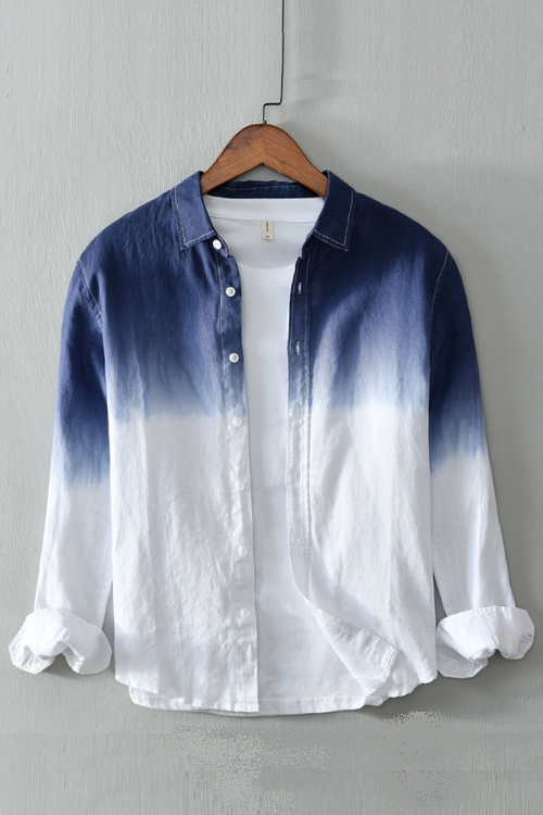 Men's Long Sleeve Shirt Pure Linen Hanging Dyed Gradient Button Chic Male Casual Tops Clothing