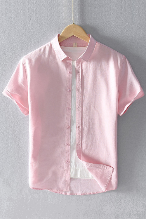 Summer Cotton Linen Short Sleeve Shirts Men Casual Pink Classic Turn-down Collar Man Tops